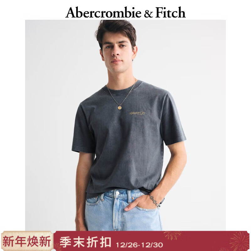 Abercrombie &amp; Fitch男装25秋季新款美式重磅棉质印花图案圆领短袖T恤 午夜蓝 M (180/100A)