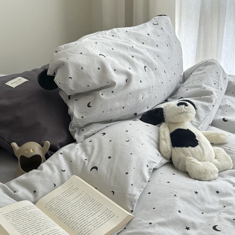 水星家纺四件套纯棉全棉亲肤棉裸睡撞色床单被套床笠款床上用品 星月银灰-混搭款 床笠款 1.8m被套加大四件套