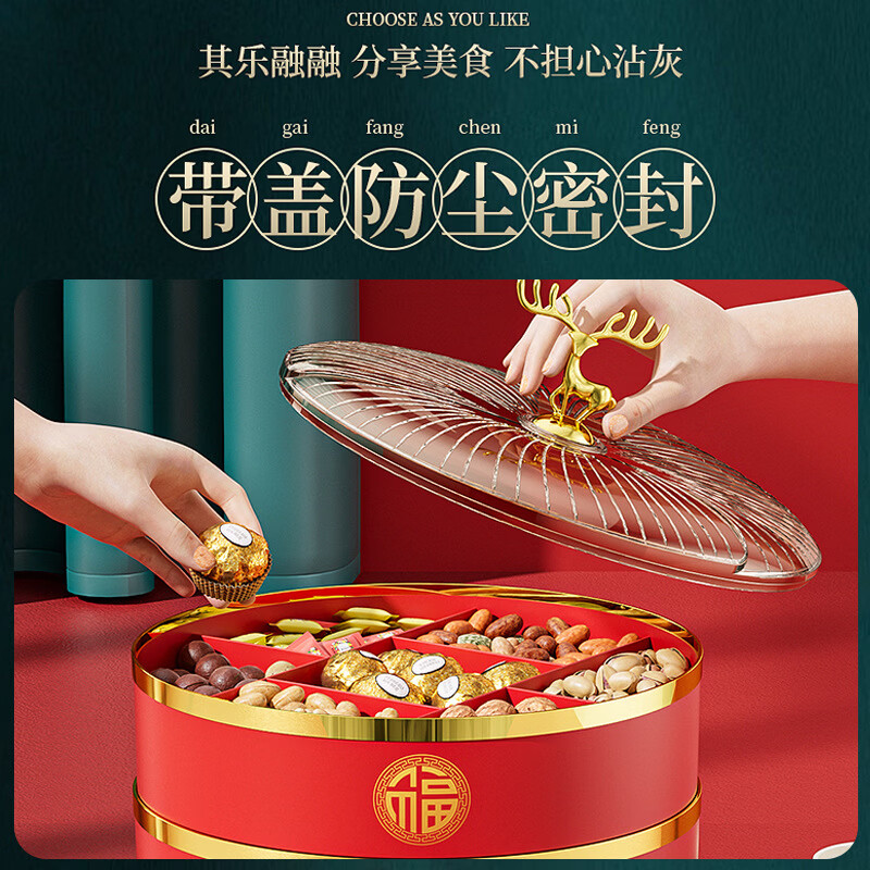 果盘客厅茶几家用5新瓜子糖果水果盘结婚喜庆零食干果纳盒 吉祥麋鹿-白色-单层