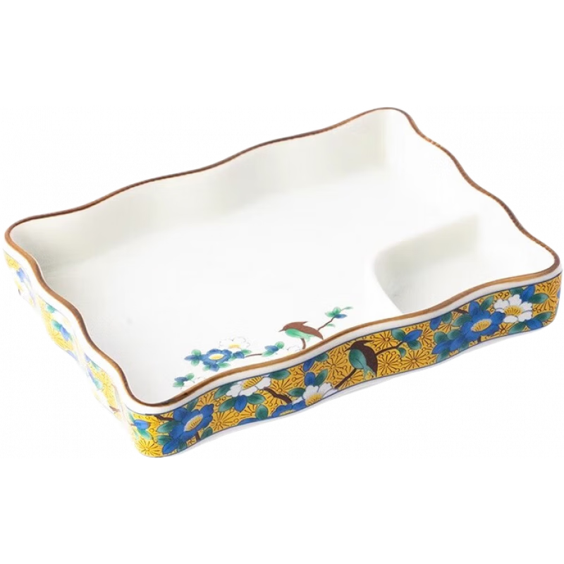 美濃燒（Mino Yaki）日本進口古伊萬里餐具盤子菜盤壽司盤陶瓷家用早餐盤沙拉盤 黃彩花鳥