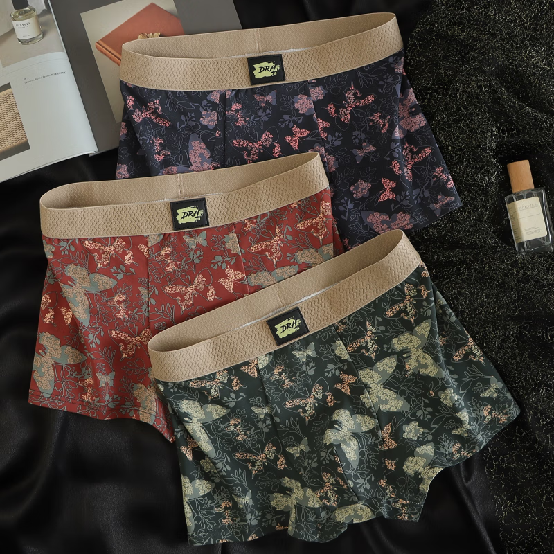 FitonTon男士內(nèi)褲男四角內(nèi)褲頭純棉2025新款男款紅色平角褲 裝 粉蝴蝶+紅蝴蝶+綠蝴蝶 【10A襠】 3條 L 【90-110斤】