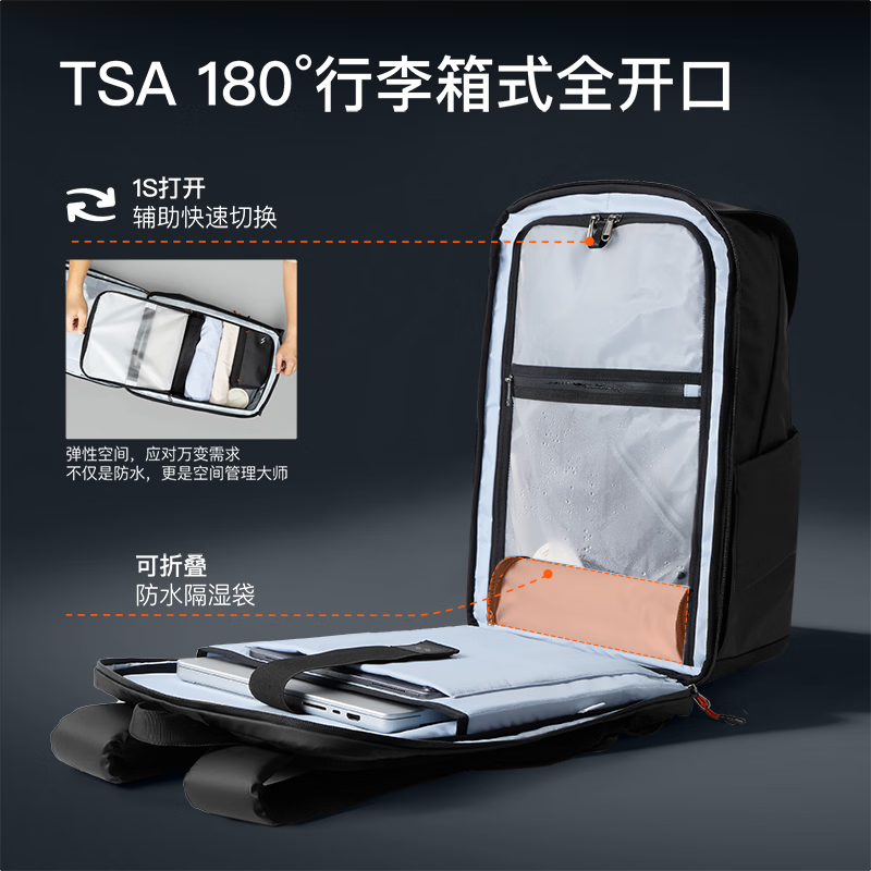 inateck大容量旅行包双肩包男女轻量化背包轻便休闲防泼水通勤商务出差 幻夜黑 | 25L大容量 | 180°开合