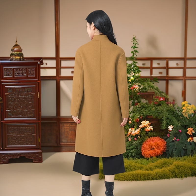 2025秋冬新款冬季双面毛呢大衣妈妈大衣羊毛宽松长款外套专利产品 红色2， 厚款， 喜欢胸花下单请备注 2XL (170) 建议净胸围96在毛衣外穿