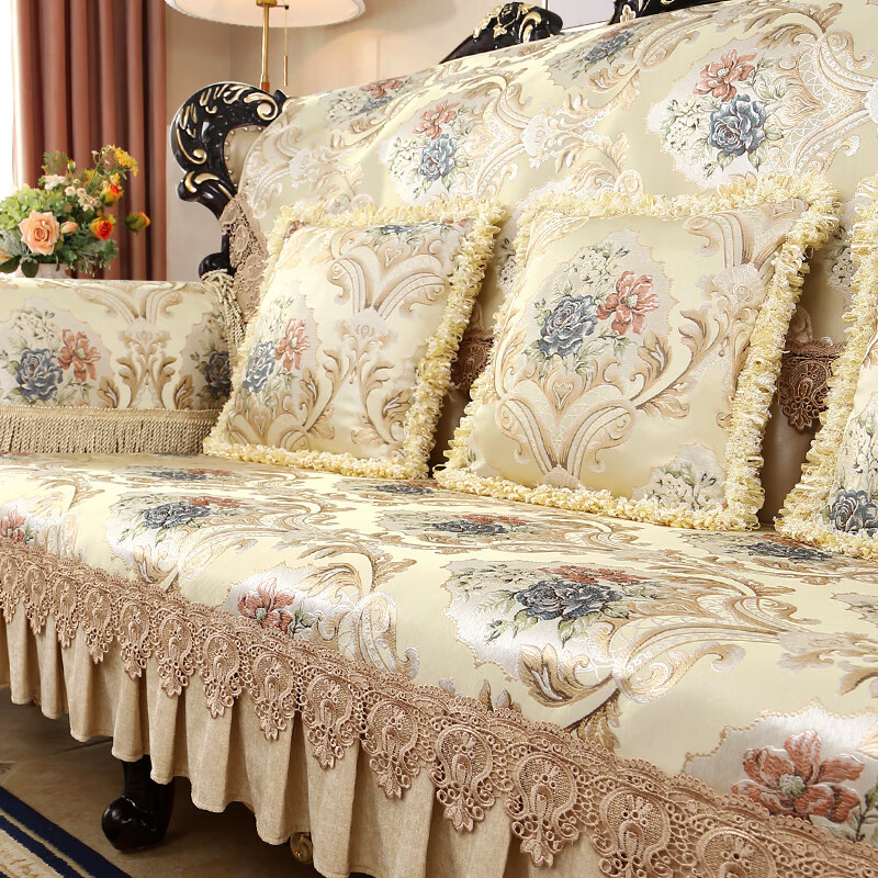 索菲娜歐式沙發(fā)墊高檔奢華坐墊四季通用2025新款真皮沙發(fā)套罩靠背SN5238 YZ歐麗莎-米色 坐墊(70+20裙擺)*75cm