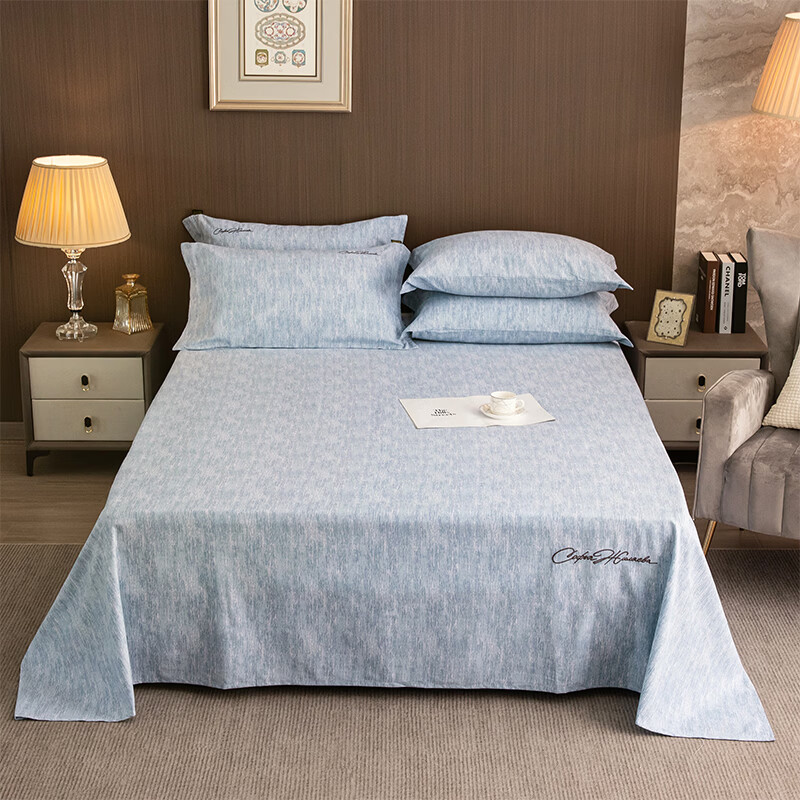 ROLAND LIVE棉天丝纯色刺绣床单单件单双人床裸睡床单床罩四季床品 CW 棉天丝床单单件-宝绮蓝 单床单160*230cm