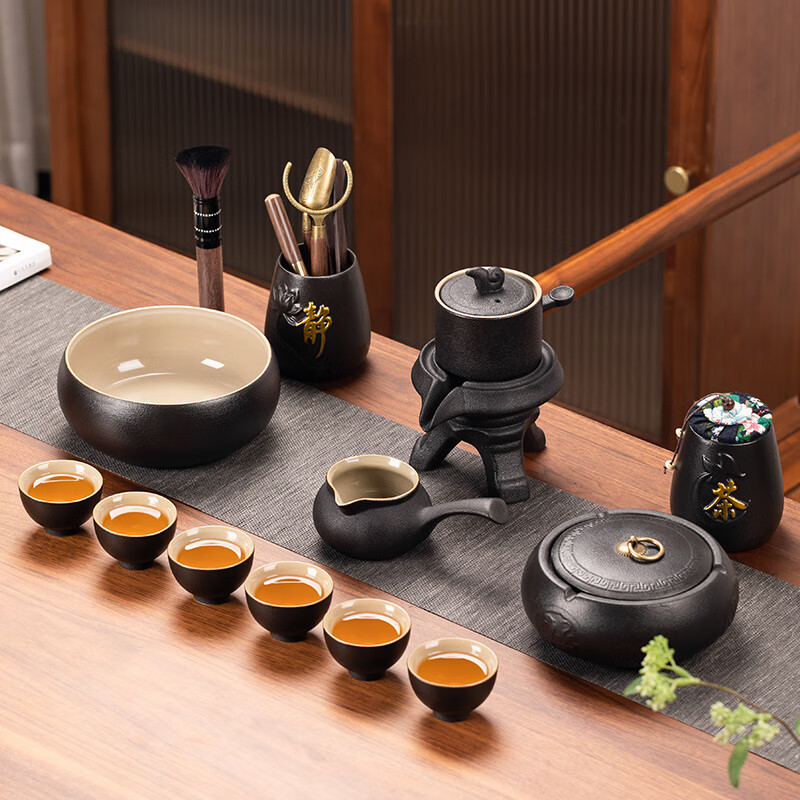 瓷牌茗茶具（cipaiming teaset）黑陶懶人石磨茶具家用客廳會(huì)客泡茶套裝簡(jiǎn)約現(xiàn)代自動(dòng)沖茶器 黑陶《石磨》自動(dòng)茶具