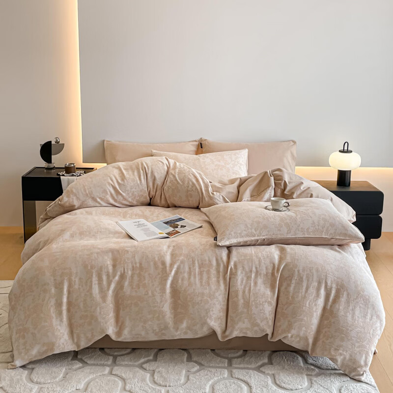 水星家纺床上四件套纯棉磨毛被套被罩加厚床单笠款三件套轻奢床品 韵绣 床笠款 1.8m四件套