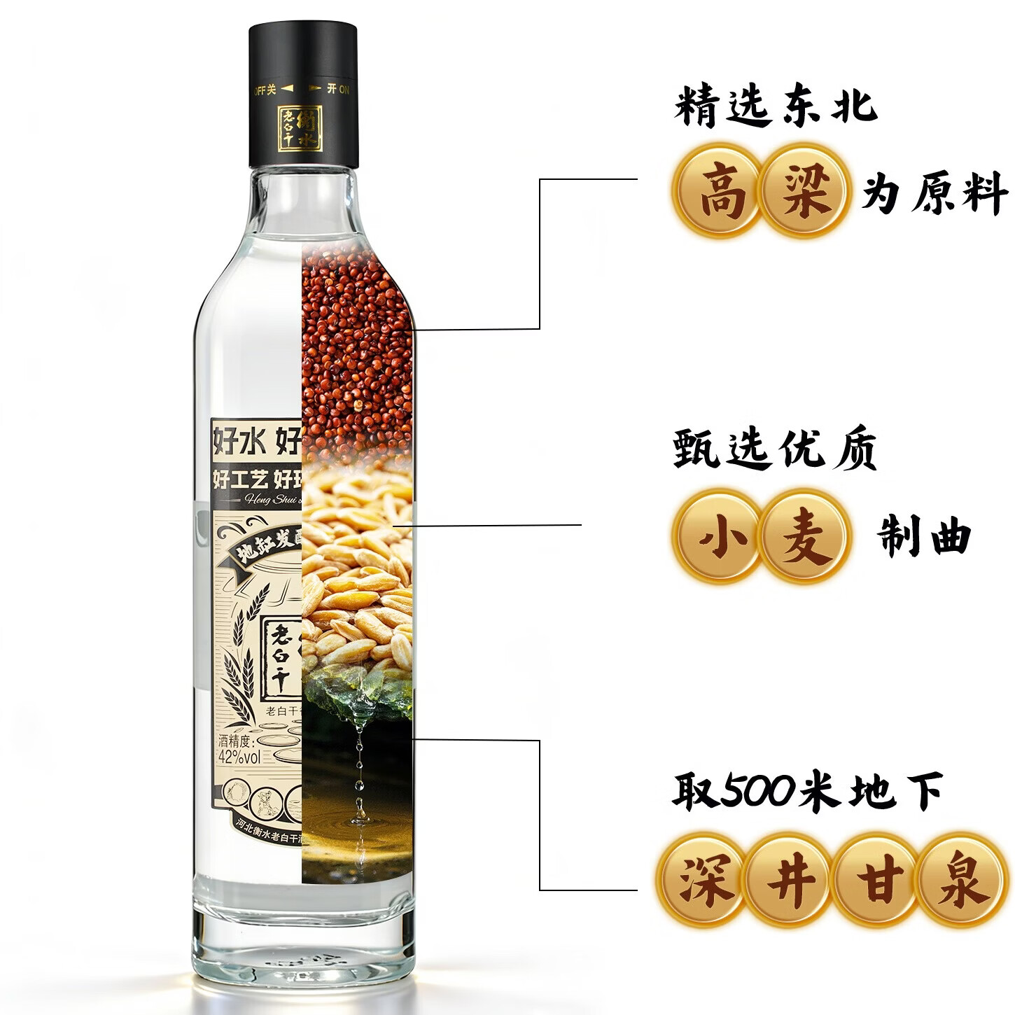 衡水老白干 黑盖金标42度 600mL 老白干香型白酒 纯粮高粱小麦酿造优级酒 42度 600mL 6瓶