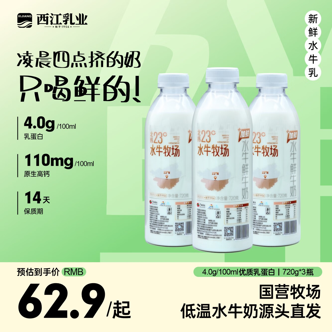 西江乳业包邮广西水牛奶4.0蛋白低温奶巴氏杀菌学生儿童源头直发720g*3瓶