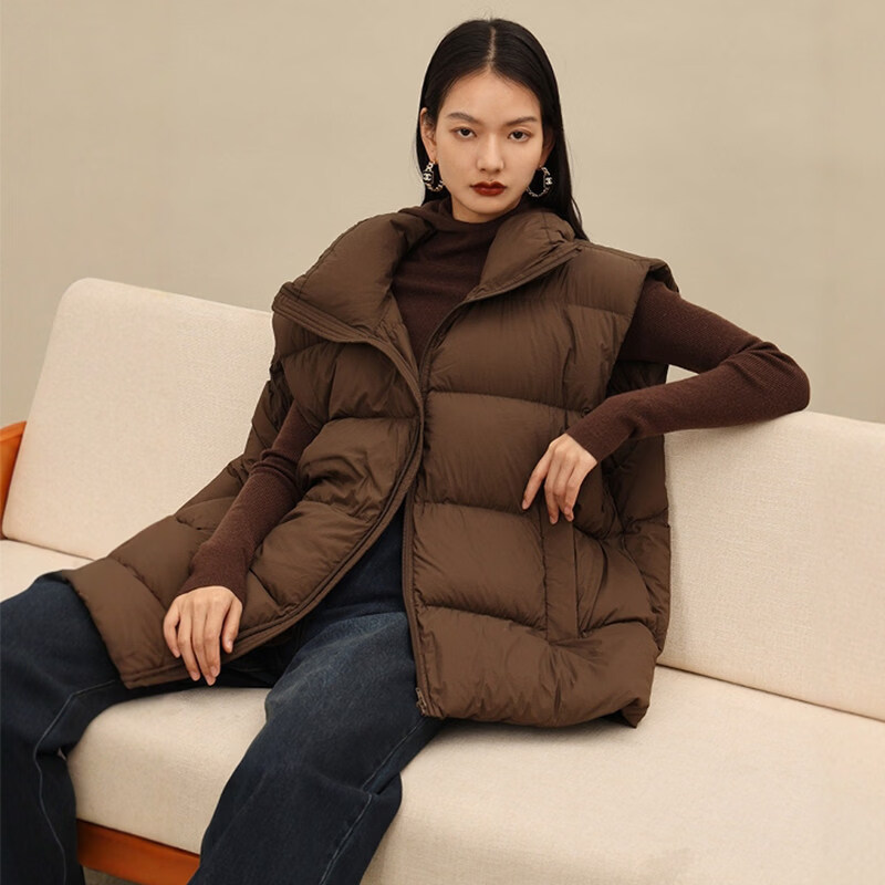 MODX2026秋冬新款立领羽绒马甲女外穿宽松加厚白鸭绒背心坎肩马夹外套 咖色 S