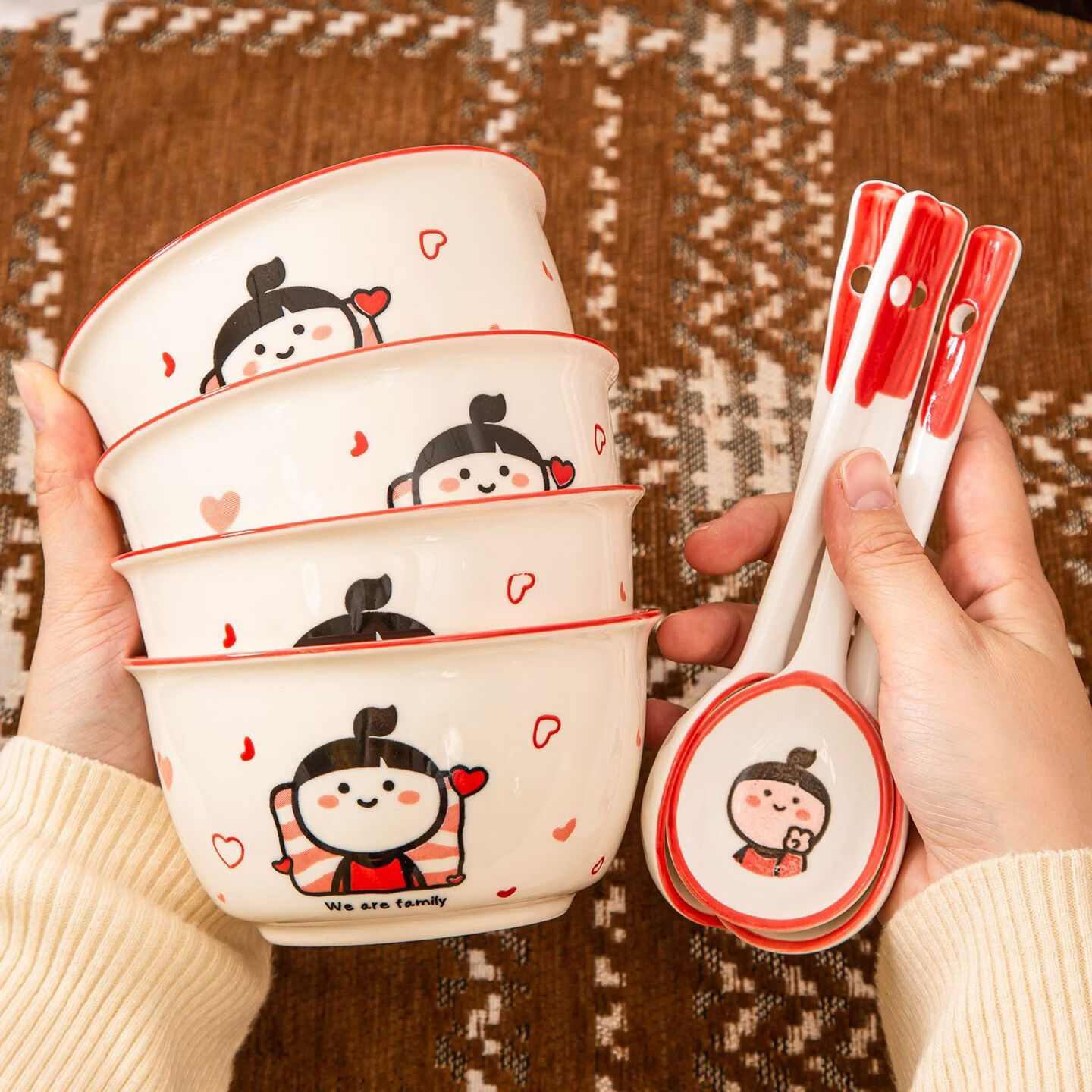 利尼恩高颜值釉下彩陶瓷碗菜盘子家用餐具可爱卡通个人专用饭碗 【4个装】4.5英寸碗 【卡通小蒄】