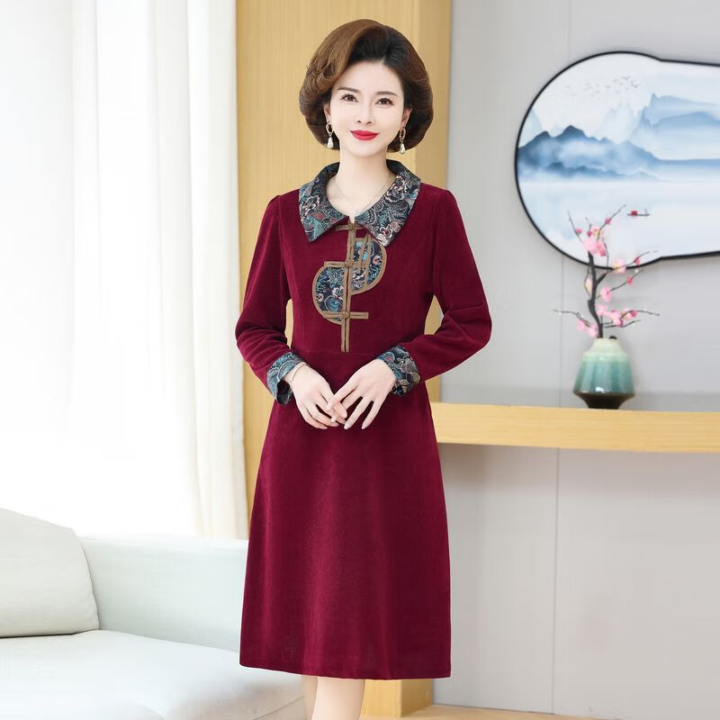 2025新中式洋气复古连衣裙春季新款时尚长袖裙子改良显瘦旗袍秋季 酒红色 XL 建议90-105斤