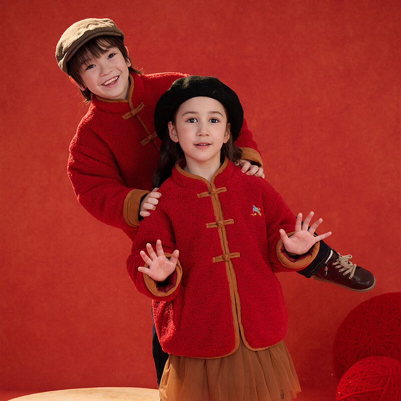 棉花堂（cottontown）【新年】棉花堂男童棉服红色拜年服儿童羊羔绒外套女童加厚棉袄冬 红色 140 140/68