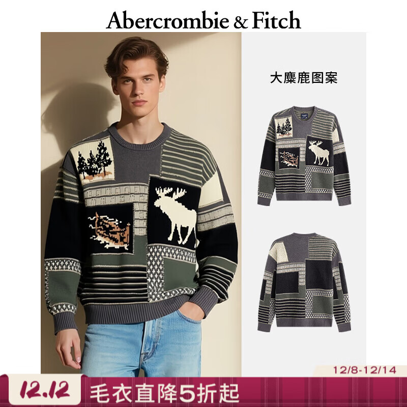 Abercrombie &amp; Fitch【美式复古】大麋鹿图案圆领宽松毛衣针织衫25秋冬男装120-5181 黑灰图案 L (180/108A)