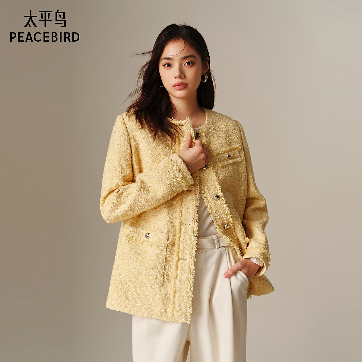 太平鸟女装外套绗棉小香风肌理箱型显瘦夹棉短款D 黄色 L