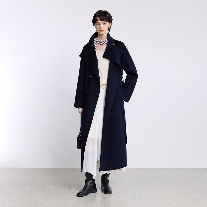 LILY【大师法奢】烟囱领大衣LILY毛呢外套女2025冬季新款双面绵羊毛 411藏青 L