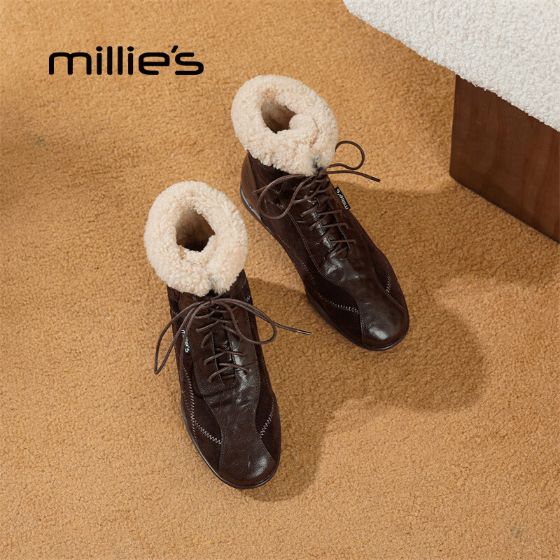 妙丽(Millies)雪地靴女低跟加绒时尚防寒潮流2025冬季新款百搭轻奢休闲保暖短靴 棕色 39 (245mm) 标准码
