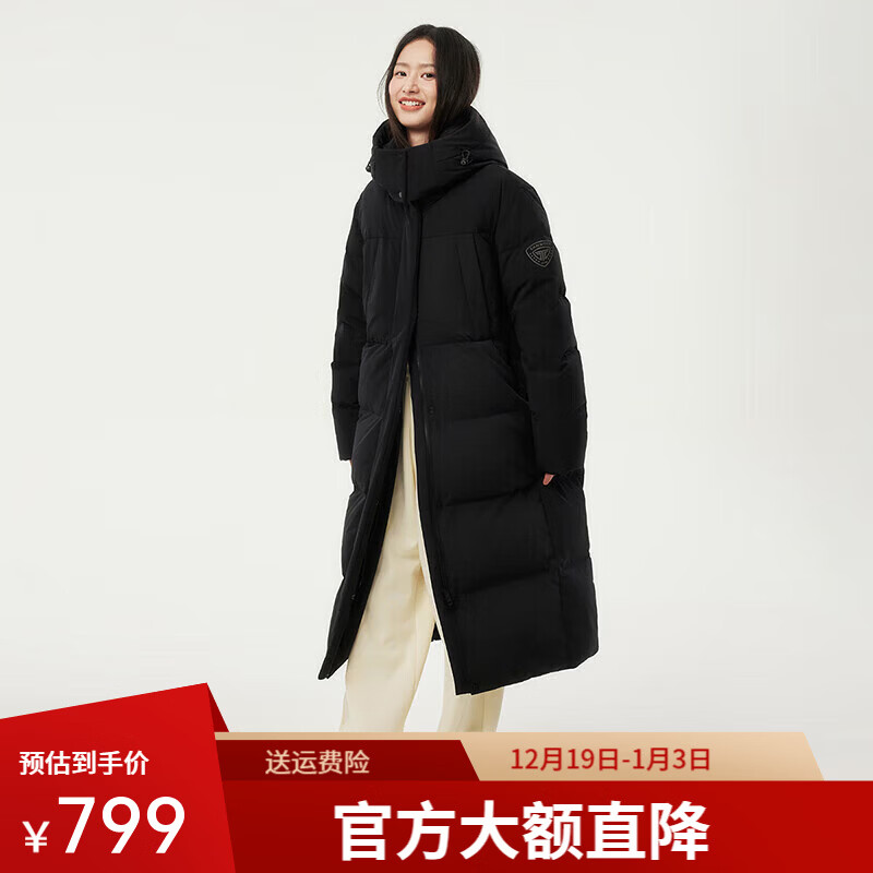 坦博尔长款羽绒服女过膝可脱卸帽冬天保暖加厚外套TBF550836T 黑色 S (160)