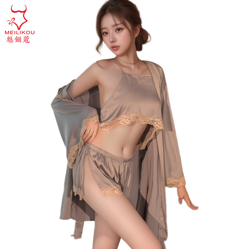 魅俪蔻薄款蕾丝纯欲风性感居家睡衣制服妖娆露背短裤2018 深香芋紫+外套 均码