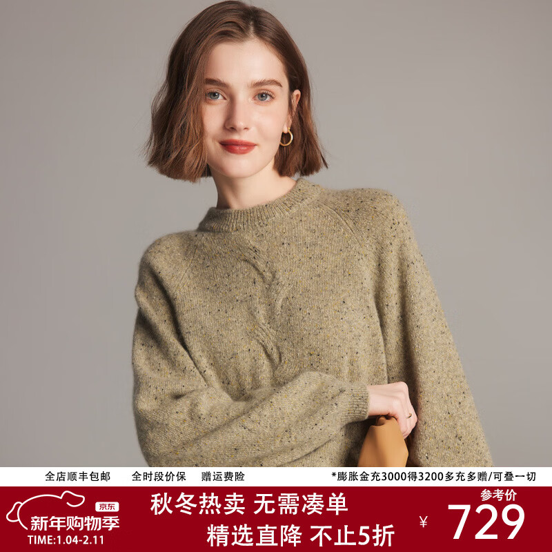 帕罗（PALUOPO）星空彩纱25秋冬新款圆领100%山羊绒衫女立体绞花针织毛衣ET20058R 豆绿彩点 M