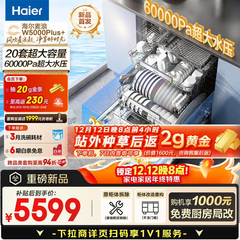 海尔（Haier）【麦浪套系】洗碗机嵌入式双面洗W5000Plus+20套大容量 大水压七星级消杀10天净存EYBW20566GHU1
