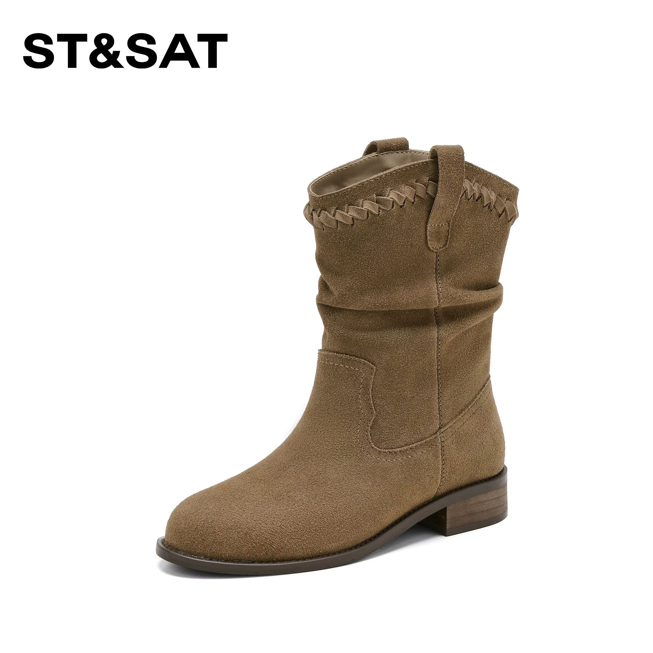 星期六短靴女款秋冬季2025新款百搭英伦风粗跟堆堆马丁靴西部牛仔靴子 棕色 35