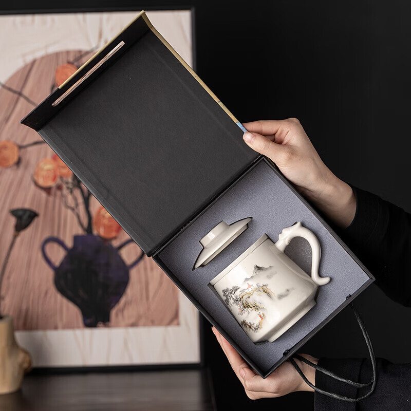 韵化茶杯茶水分离陶瓷个人专用马克水杯高档办公杯公司活动商务伴手礼 草木灰【鱼跃】龙把办公杯三件套