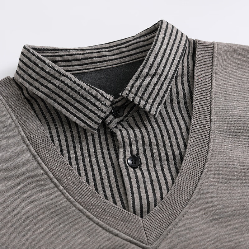 WAMLBN2025秋冬新款假两件毛衣男秋冬衬衫领加绒加厚保暖针织打底衫 深灰色 2XL 建议140-155斤