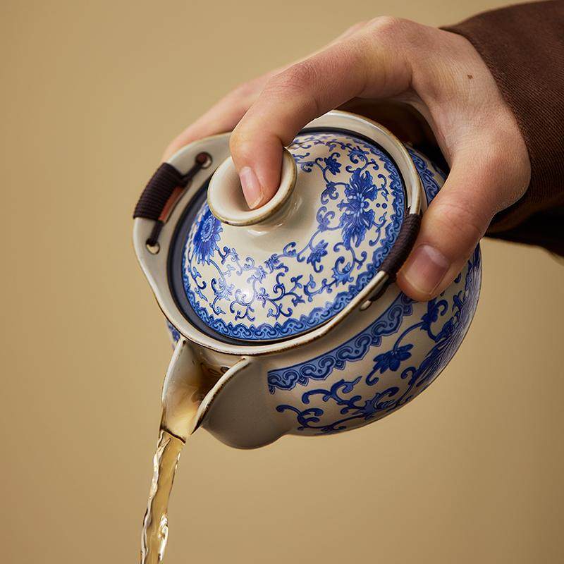 青花汝窑手抓壶盖碗茶杯大号家用防烫泡茶壶功夫茶具 （单壶）缠枝莲汝窑绑绳手抓壶 201mL(含)-300mL(含)