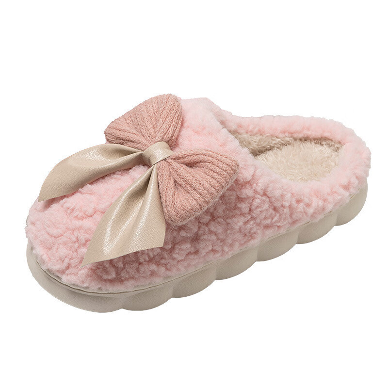 一方通行棉拖鞋女蝴蝶结保暖防滑厚底 绿色 40 【-41码】偏小一码