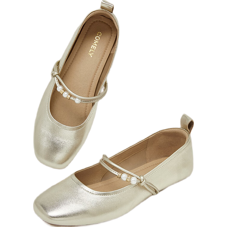 康莉芭蕾風(fēng)瑪麗珍鞋女26年春季新款方頭羊皮平底單鞋銀色晚晚鞋子 淺金色 37