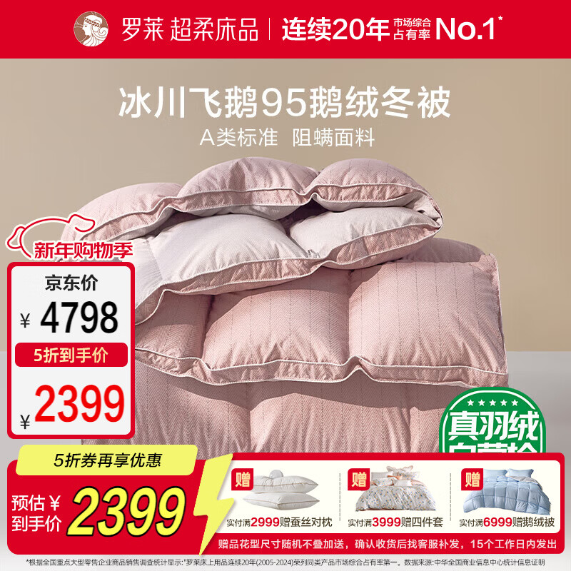 罗莱家纺 羽绒被 A类95%水洗鹅绒被子保暖冬被芯 约5.2斤粉