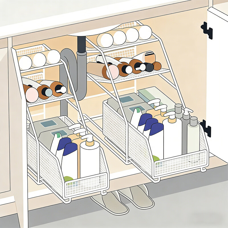尔思家浴室置物架下水槽多功能夹缝储物柜卫生间储物架洗漱台多层收纳架 白色小号【斜口款】