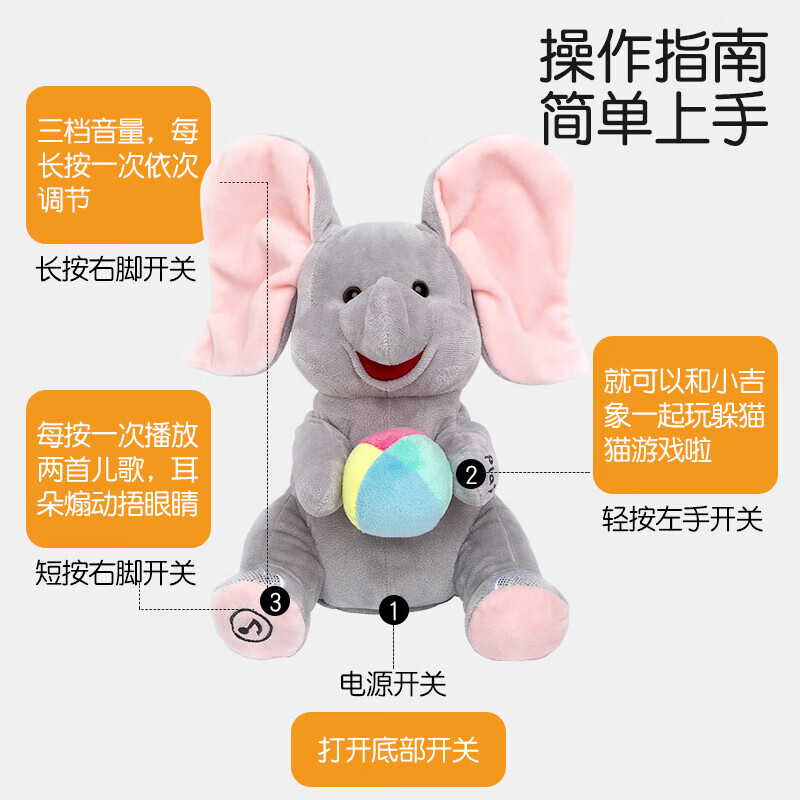 趣巢AI抱抱喵小吉象儿童玩具电动毛绒歪头鸭唱跳鸭抖喵生日生日礼物 躲猫猫小吉象商超礼盒HX0384灰礼品款