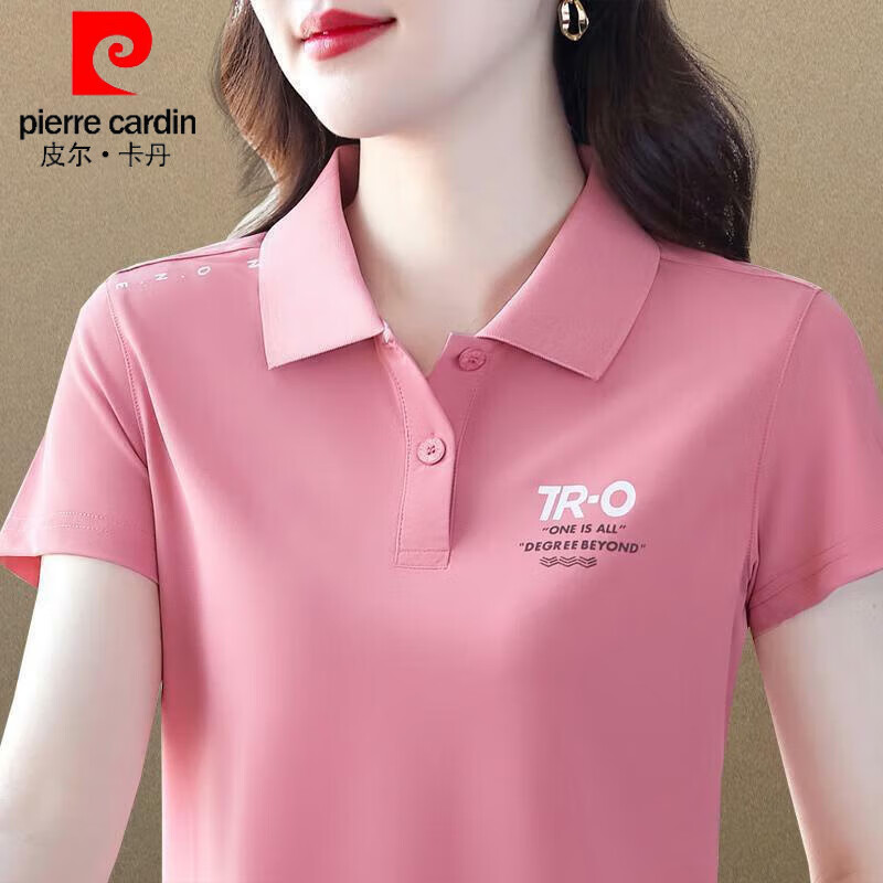 皮尔卡丹（pierre cardin）纯棉短袖夏季衣服女2025新款宽松运动休闲中年POLO衫t恤女上衣 皮粉 短袖 2XL :建议120-130斤
