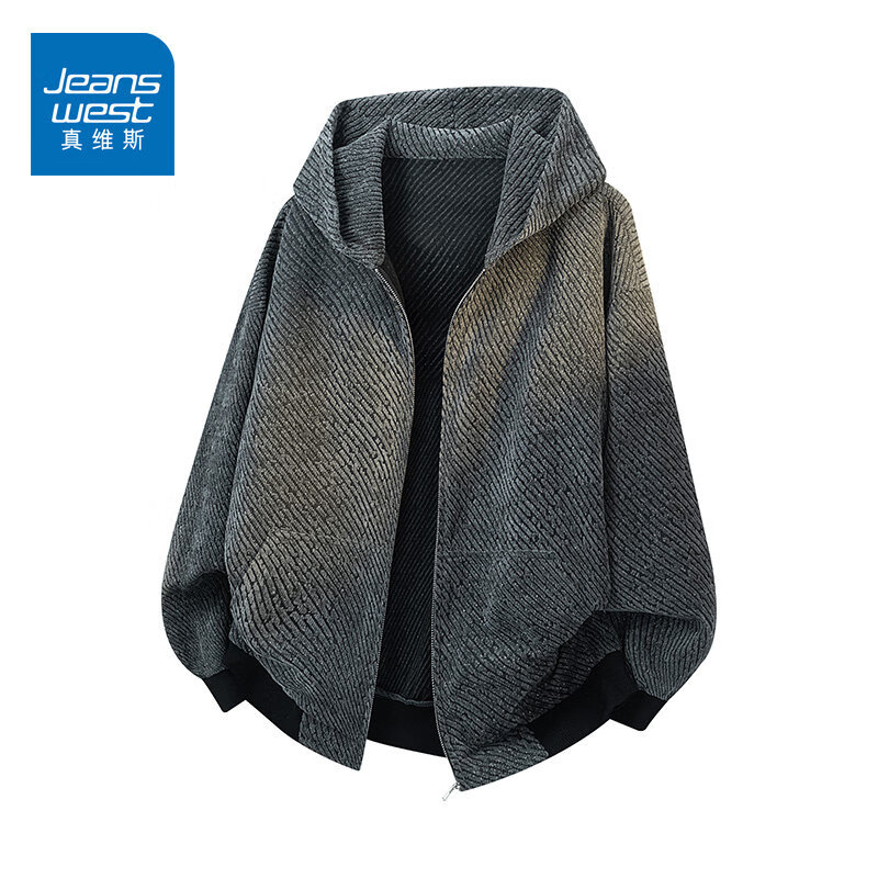 真维斯（Jeanswest）2026冬季新款男士连帽夹克高级感潮牌痞帅美式休闲条纹休闲外套男 灰色 L 建议116-125斤