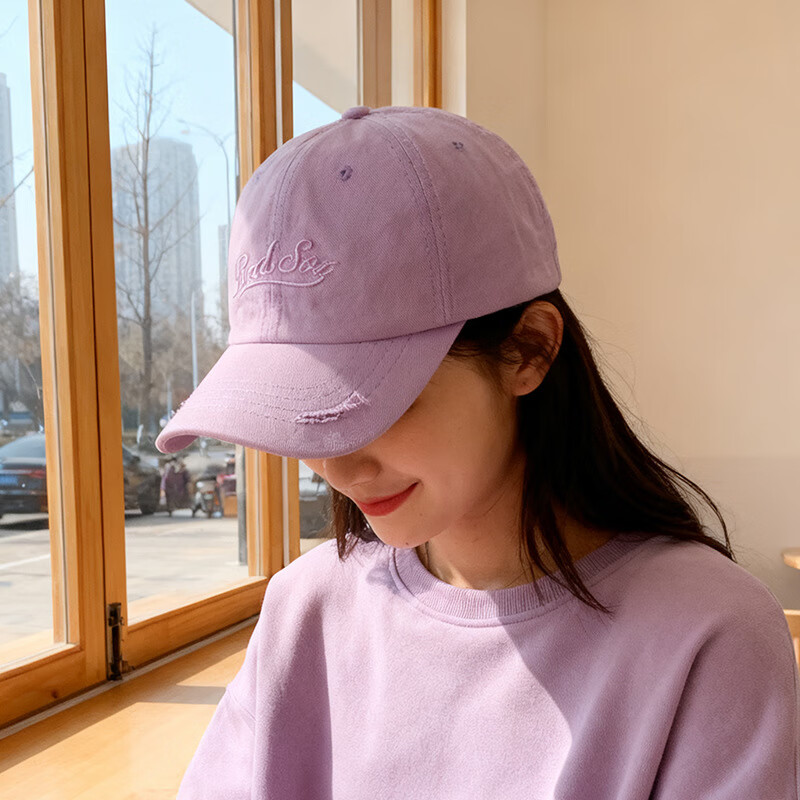 OEAI字母刺绣棒球帽女韩版时尚百搭紫色鸭舌帽宽帽檐大脸显脸小帽子潮 C5887破洞Red绣棒球帽 黑色 M （56-58cm）