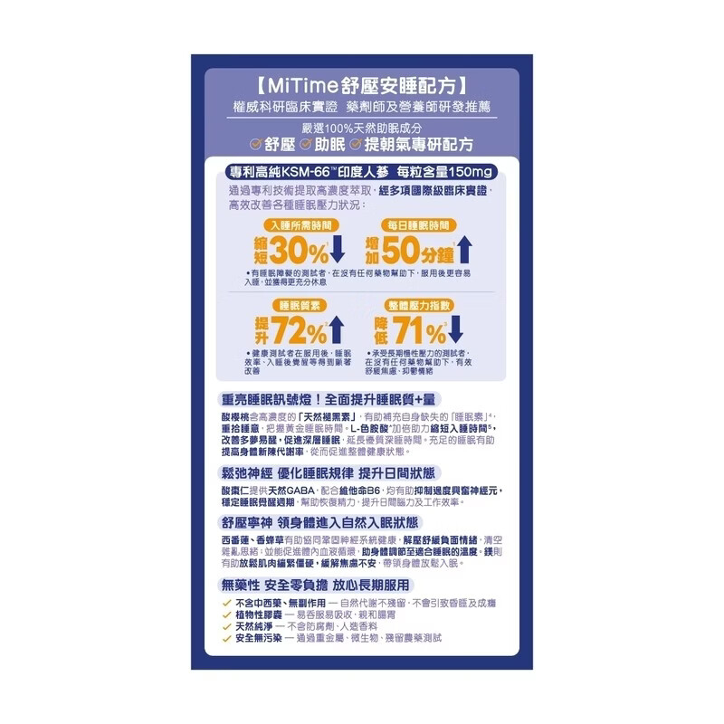 万宁（mannings）香港万宁MiTime舒压安睡配方60粒放松安睡减少压力稳定睡眠加拿大 【香港门店同售】 60粒*1盒