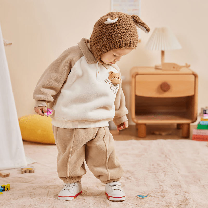 嘟嘟家儿童卫衣套装冬装男童翻领上衣裤子两件套女童休闲裤童装保暖衣服 黄色小鸡加厚款 100