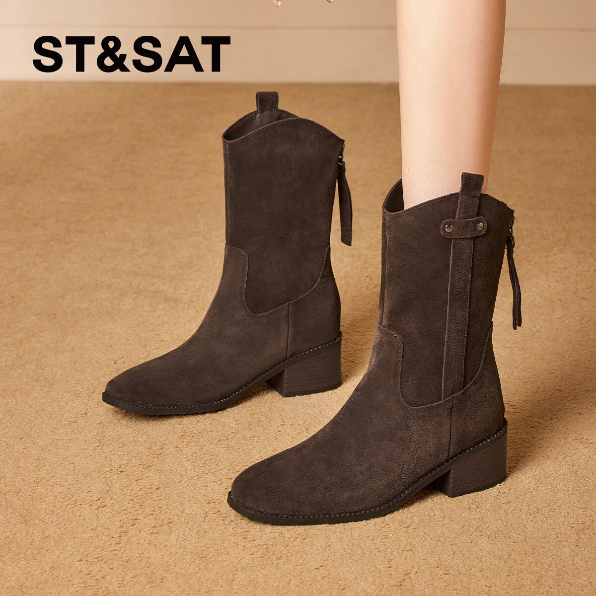 星期六尖头短靴女款2025新款冬季绒面粗跟美拉德靴子女西部骑士靴 咖啡色 【粗跟厚底】跟高4.5cm 37