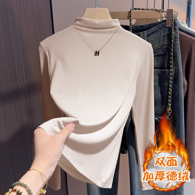 【工厂发货】女装秋冬衣服磨毛半高领内搭打底衫女t恤长袖加厚保 白色【德绒磨毛加厚】 L 建议100-115斤