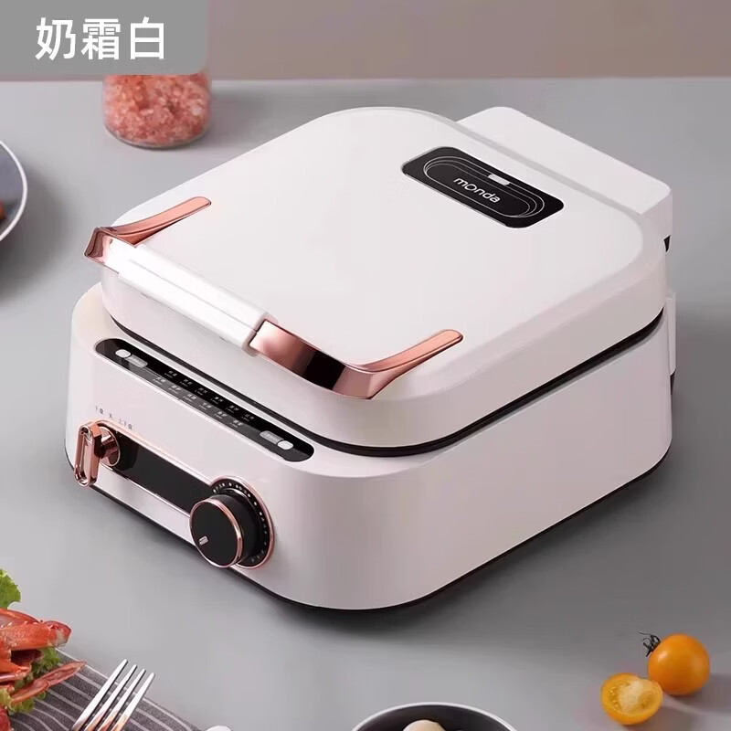 KDISV德国可拆洗多功能电饼铛加深家用双面加热电火锅烧烤煎烤盘料理锅加大加深烙饼无涂层大口径 A奶霜白（一体式）+玻璃盖+蒸架+食谱+支架