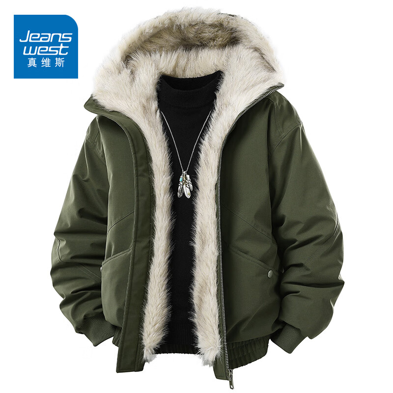 真维斯（Jeanswest）美式座山雕毛领棉衣男加厚连帽棉袄2026冬季保暖棉服外套 军绿 L