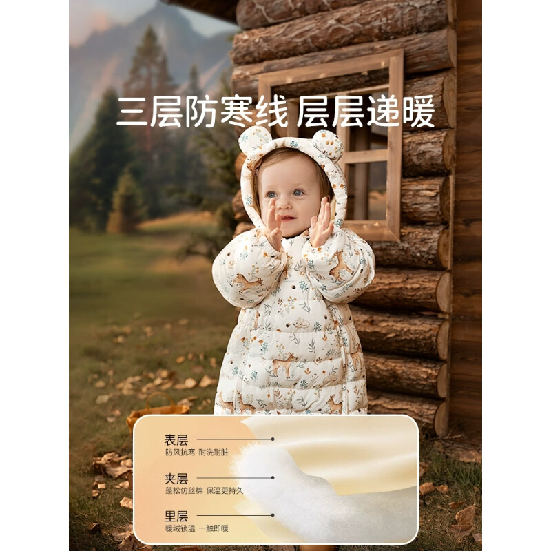 欧孕婴儿棉服宝宝秋冬衣服保暖外出服加厚连体衣夹棉冬装哈衣爬服 萌小鹿 80cm (推荐身高65-75)