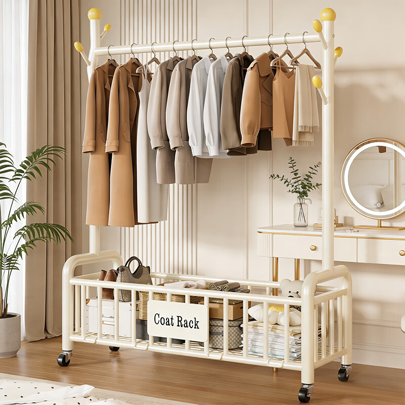 吱凡日本衣架卧室落地高级感新款家用可移动室内挂衣架简易衣架挂衣架 【奶油白】80cm【金澄圆月钩+静音金属轮】