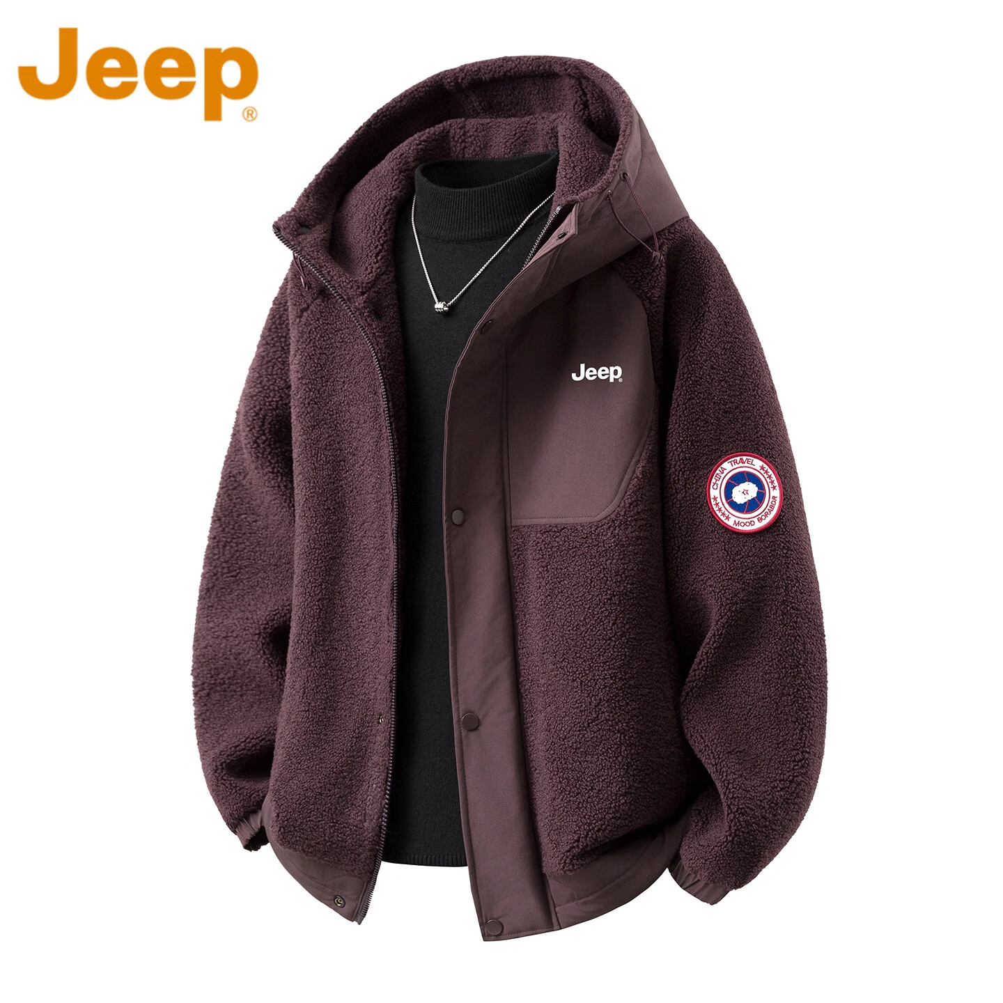 JEEP棉衣男士秋冬季2025羊羔绒外套新款摇粒绒加厚服冬装连帽夹棉夹克 紫红色【官方正品】 加厚 4XL 【建议 建议 180-195斤】
