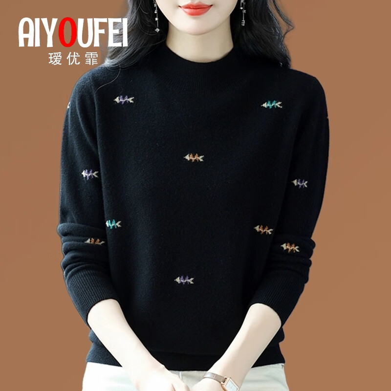 瑷优霏（aiyoufei）100%纯羊毛衫女秋冬新款半高领刺绣针织衫宽松显瘦百搭毛衣打底衫 黑色 XL 建议115-125斤左右