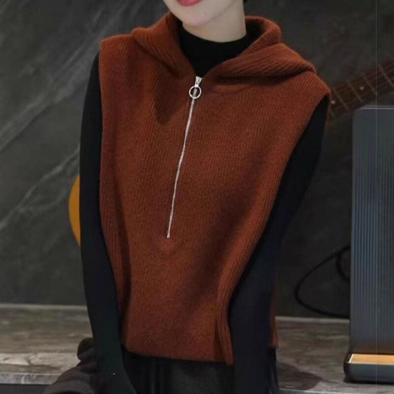 2025秋季新款套头纯色慵懒风半拉链上衣女CSqy慵懒风连帽马甲jd 砖红色 均码 【80-160斤可穿】