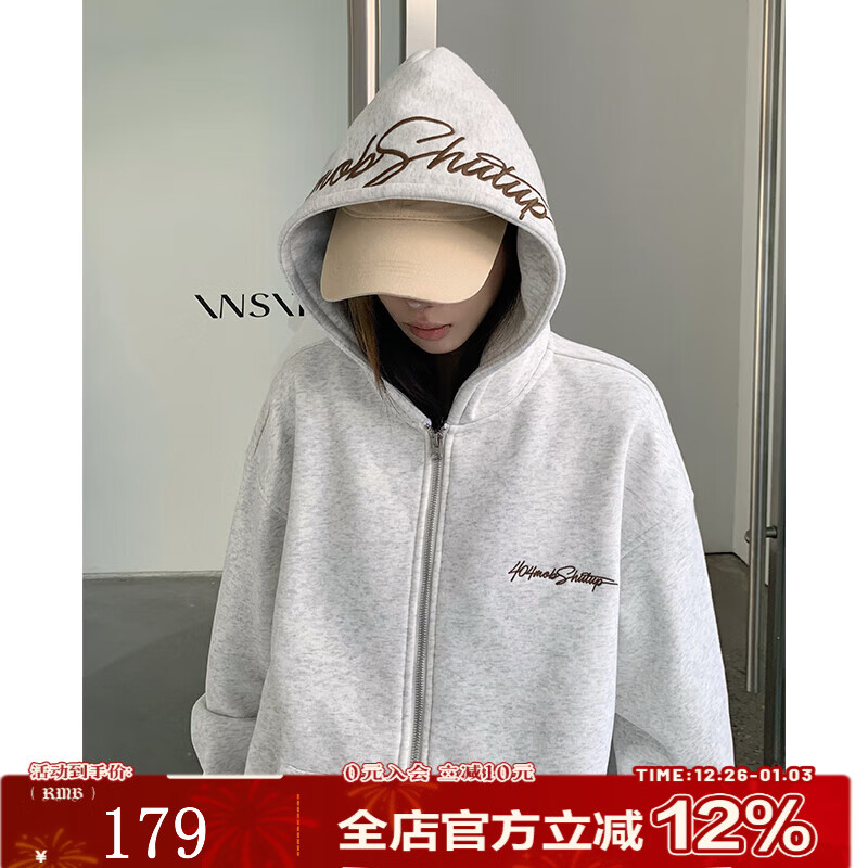 404MOBGANG复古美式秋冬花体字母刺绣连帽开衫卫衣男女休闲潮流加绒外套 白花灰色 XL