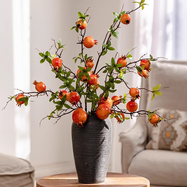 掬涵中式仿真石榴树枝干花假花摆件果实客厅插花喜庆新年中古布景摆设 鸿禧石榴红色（1枝3果）5支 无规格